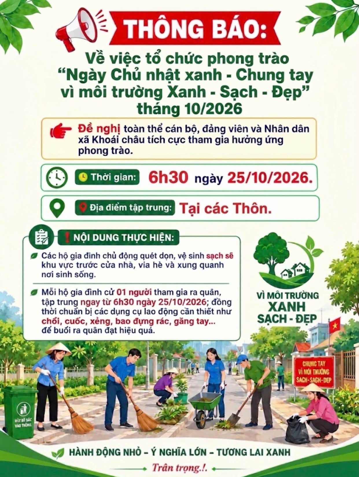 NGÀY RA QUÂN DỌN DẸP VỆ SINH MÔI TRƯỜNG TẠI XÃ KHOÁI CHÂU